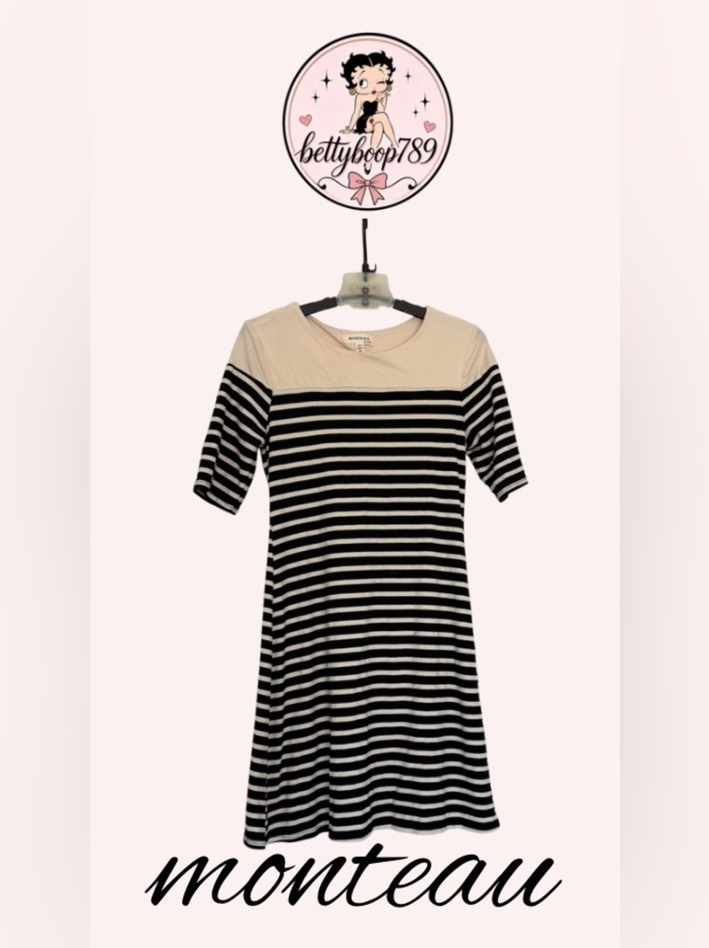 Monteau Black and Cream Striped Mini Dress